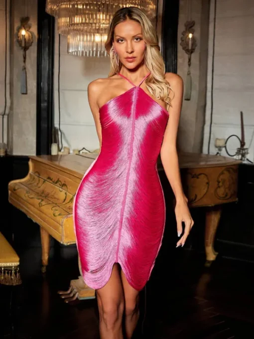 Dresses | Mini Dresses*Mew Mews Fashion Bluma Halterneck Fringe Mini Dress In Hot Pink