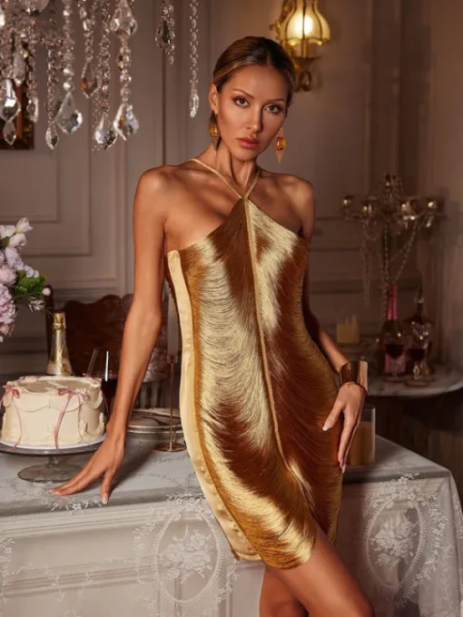 Dresses | Mini Dresses*Mew Mews Fashion Bluma Halterneck Fringe Mini Dress In Bronze