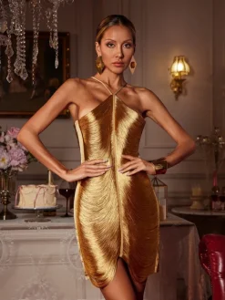 Dresses | Mini Dresses*Mew Mews Fashion Bluma Halterneck Fringe Mini Dress In Bronze