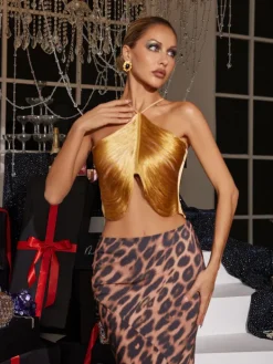 Tops*Mew Mews Fashion Bluma Halterneck Fringe Top In Gold