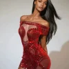 Dresses | Mini Dresses*Jiu Bajia O/S Bly Off Shoulder Rhinestone Mini Dress In Red