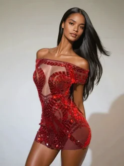 Dresses | Mini Dresses*Jiu Bajia O/S Bly Off Shoulder Rhinestone Mini Dress In Red