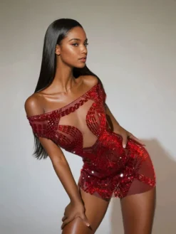 Dresses | Mini Dresses*Jiu Bajia O/S Bly Off Shoulder Rhinestone Mini Dress In Red
