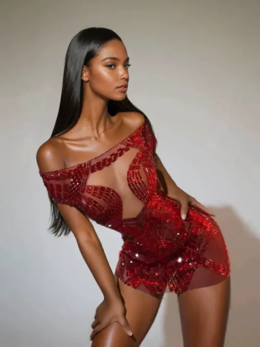 Dresses | Mini Dresses*Jiu Bajia O/S Bly Off Shoulder Rhinestone Mini Dress In Red