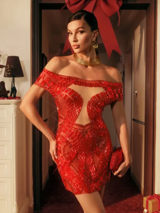Dresses | Mini Dresses*Jiu Bajia O/S Bly Off Shoulder Rhinestone Mini Dress In Red
