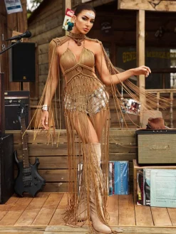 Cover-ups | Swimwear*Mew Mews Fashion O/S Brinzo Fringe Cover Up Dress In Khaki