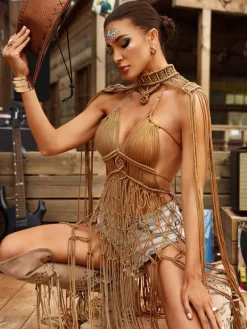 Cover-ups | Swimwear*Mew Mews Fashion O/S Brinzo Fringe Cover Up Dress In Khaki