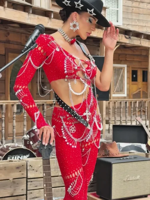 Jumpsuits & Romper | Embellishment*Embellishment Brynx One Shoulder Cutout Chain Jumpsuit In Red