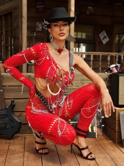 Jumpsuits & Romper | Embellishment*Embellishment Brynx One Shoulder Cutout Chain Jumpsuit In Red