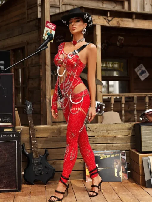 Jumpsuits & Romper | Embellishment*Embellishment Brynx One Shoulder Cutout Chain Jumpsuit In Red