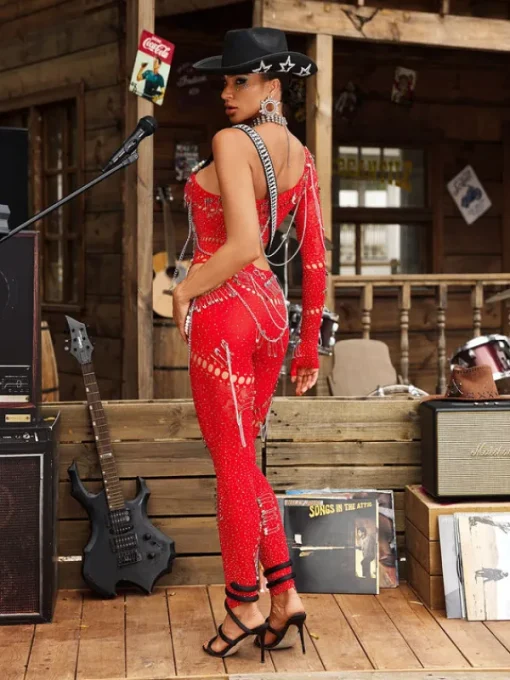 Jumpsuits & Romper | Embellishment*Embellishment Brynx One Shoulder Cutout Chain Jumpsuit In Red