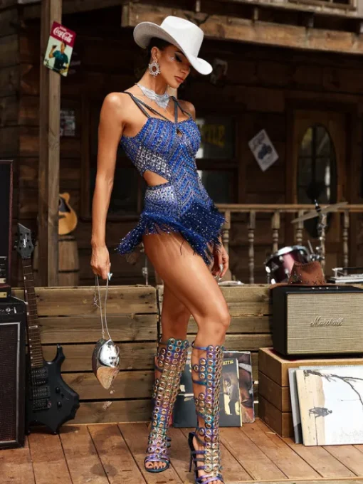 Bodysuits | Tops*Jiu Bajia O/S Brysta Cutout Rhinestone Fringe Bodysuit