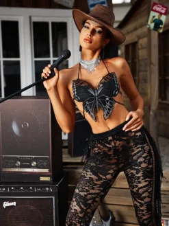 Tops*Mew Mews Fashion O/S Bryxar Halterneck Lace Up Butterfly Top
