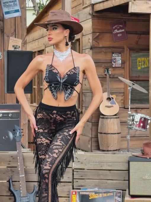 Tops*Mew Mews Fashion O/S Bryxar Halterneck Lace Up Butterfly Top