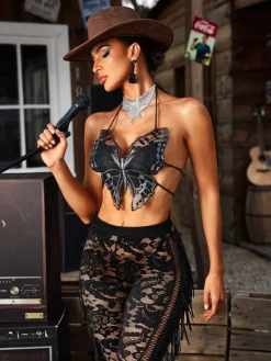 Tops*Mew Mews Fashion O/S Bryxar Halterneck Lace Up Butterfly Top
