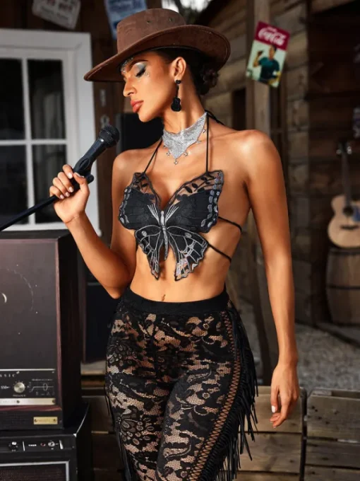 Tops*Mew Mews Fashion O/S Bryxar Halterneck Lace Up Butterfly Top