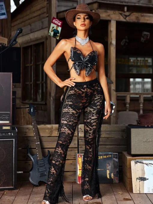 Tops*Mew Mews Fashion O/S Bryxar Halterneck Lace Up Butterfly Top