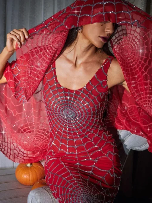 Headwear*Mew Mews Fashion Calyx Cobweb Sequin Veil In Red