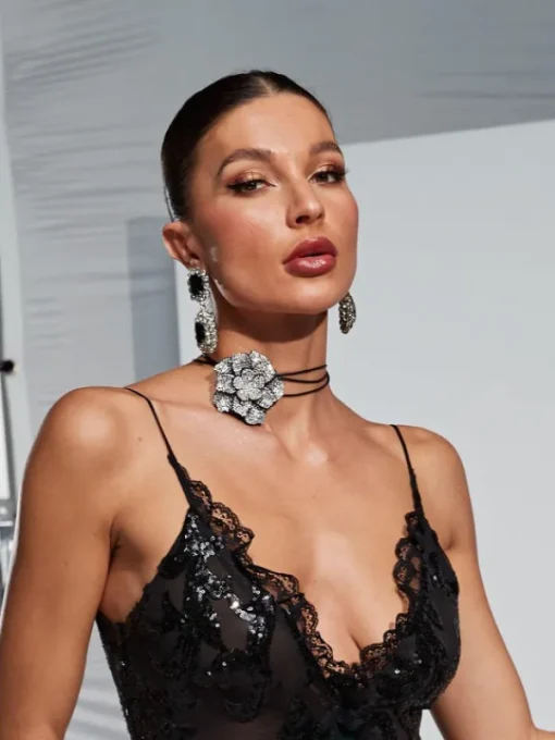 Necklaces*Mew Mews Fashion Camellia Black Crystal Flower Choker