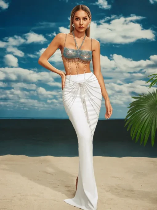 Skirts*Mew Mews Fashion O/S Carrick Crystal Body Chain Skirt In Silver