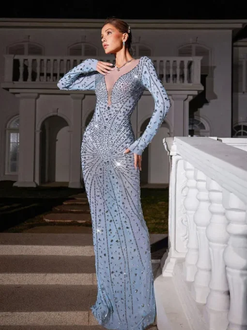 Embellishment | Dresses*Embellishment Casey Long Sleeve Rhinestone Mesh Maxi Dress