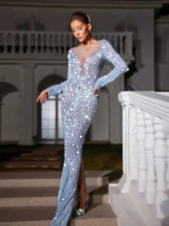 Embellishment | Dresses*Embellishment Casey Long Sleeve Rhinestone Mesh Maxi Dress