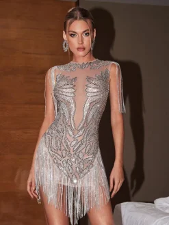 Embellishment | Dresses*Embellishment O/S Cassiopeia Crystal Chain Fringe Mini Dress In Light Nude