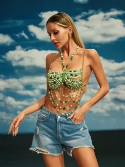 Beaded Wear | Tops*Mew Mews Fashion O/S Catlin Gemstone Beaded Bralette In Green