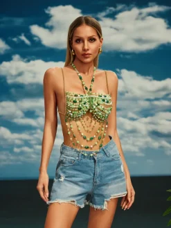 Beaded Wear | Tops*Mew Mews Fashion O/S Catlin Gemstone Beaded Bralette In Green
