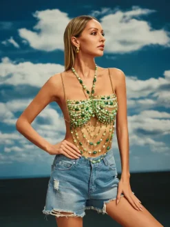 Beaded Wear | Tops*Mew Mews Fashion O/S Catlin Gemstone Beaded Bralette In Green