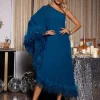 Dresses*Mew Mews Fashion Ceridwen One Shoulder Feather Trimmed Midi Dress In Dark Blue