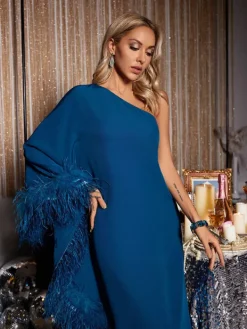 Dresses*Mew Mews Fashion Ceridwen One Shoulder Feather Trimmed Midi Dress In Dark Blue