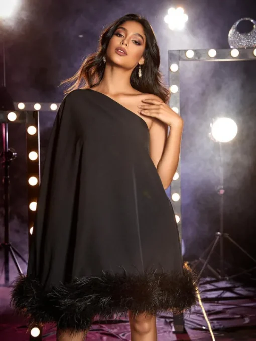 Dresses*Mew Mews Fashion Ceridwen One Shoulder Feather Mini Dress In Black