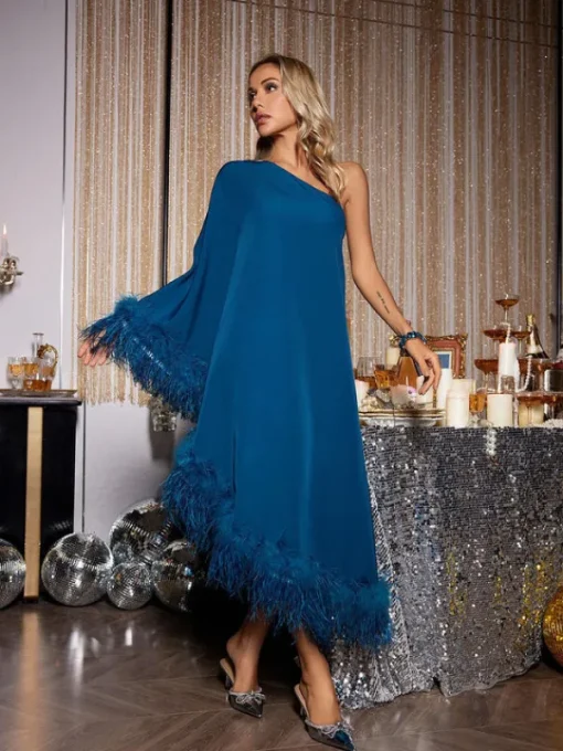 Dresses*Mew Mews Fashion Ceridwen One Shoulder Feather Trimmed Midi Dress In Dark Blue