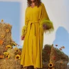 Dresses*Mew Mews Fashion Ceridwen V Neck Feather Trimmed Split Maxi Dress