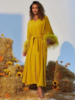 Dresses*Mew Mews Fashion Ceridwen V Neck Feather Trimmed Split Maxi Dress