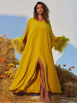 Dresses*Mew Mews Fashion Ceridwen V Neck Feather Trimmed Split Maxi Dress