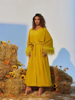 Dresses*Mew Mews Fashion Ceridwen V Neck Feather Trimmed Split Maxi Dress
