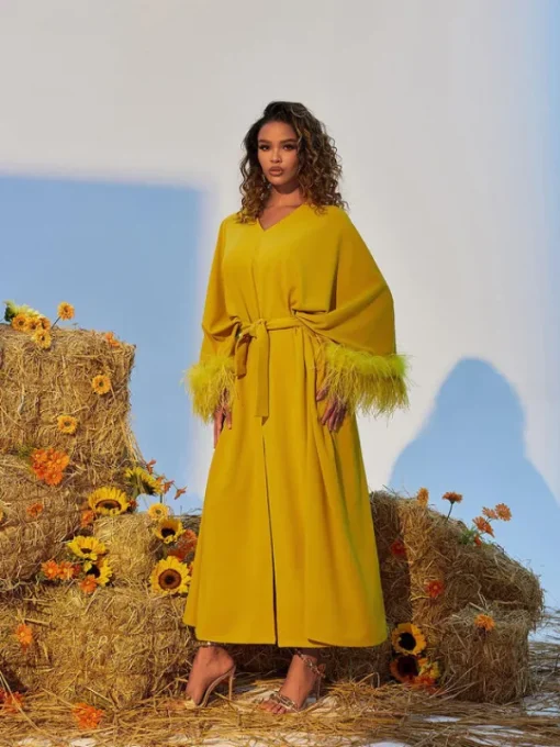 Dresses*Mew Mews Fashion Ceridwen V Neck Feather Trimmed Split Maxi Dress