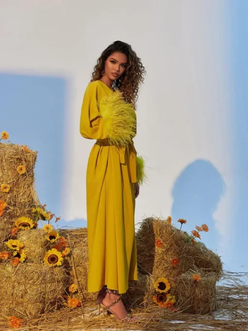 Dresses*Mew Mews Fashion Ceridwen V Neck Feather Trimmed Split Maxi Dress