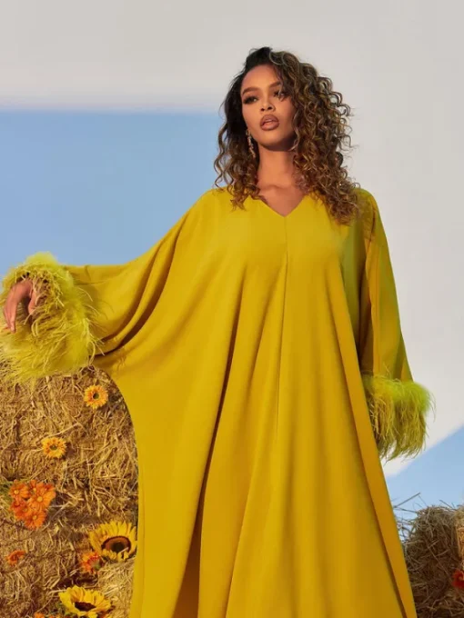 Dresses*Mew Mews Fashion Ceridwen V Neck Feather Trimmed Split Maxi Dress