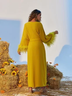 Dresses*Mew Mews Fashion Ceridwen V Neck Feather Trimmed Split Maxi Dress