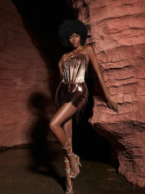 Embellishment*Embellishment Chaim Crystal Fringe Skirt Set In Rosegold