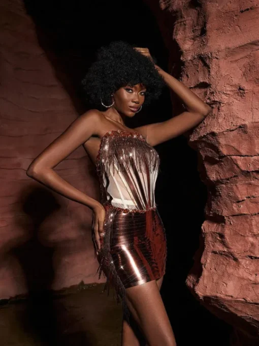 Embellishment*Embellishment Chaim Crystal Fringe Skirt Set In Rosegold