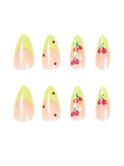 Press On Nails*Mew Mews Fashion Cherry French Green Edge Press On Nails