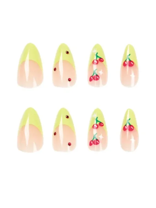 Press On Nails*Mew Mews Fashion Cherry French Green Edge Press On Nails