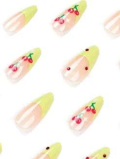 Press On Nails*Mew Mews Fashion Cherry French Green Edge Press On Nails