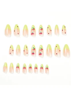 Press On Nails*Mew Mews Fashion Cherry French Green Edge Press On Nails