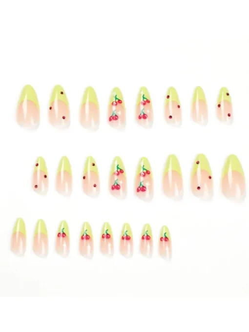 Press On Nails*Mew Mews Fashion Cherry French Green Edge Press On Nails