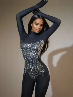 Jumpsuits & Romper*Jiu Bajia O/S Chesten Long Sleeve Rhinestone Embellished Jumpsuit